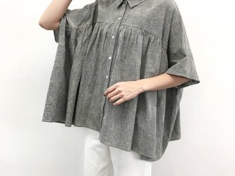 en-enコットンリネン・グレンチェック・襟付き五分丈ギャザープルオーバーの画像