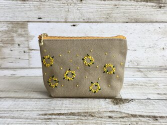 手刺繍ミモザリースの小さめポーチ②  小物入れの画像