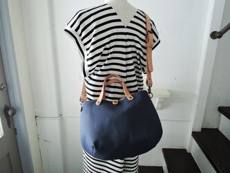 【ORZO】神戸 8号帆布xレザー 栃木レザートート ショルダー2wayBAG(S) ネイビー OR514cの画像