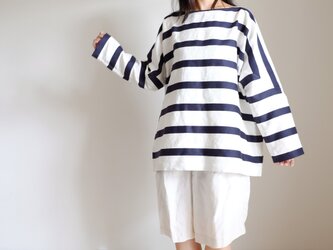 再販・リネン バスク 風 シャツ ボートネック 太 ボーダー【 白 に 紺 】／linen basque shirt＜受注制作＞の画像