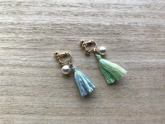 国産シルク100％タッセルイヤリング blue&green02の画像