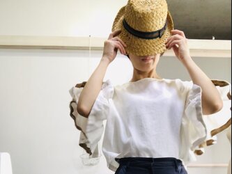 【受注生産】シワになりにくいリネン100% ボリューム袖のデザインブラウス  白の画像