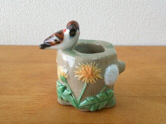 ペンスタンド（陶）雀とたんぽぽの画像