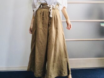 【受注生産】シワになりにくいリネン100%  ワイドキュロットパンツ  ベージュの画像