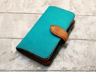 iPhone & android 手帳型　レザーケース　ターコイズ×キャメル　糸　キャメルの画像