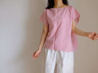 再販・スクエアー フレンチスリーブ シャツ / コットン ボーダー 【 白に赤 】＜受注制作＞の画像
