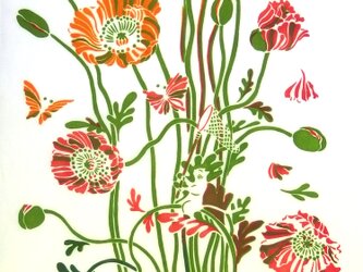 型染めてぬぐい「花の森のチョウ」（クリーム）（綿100％・手染め捺染）の画像