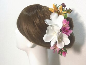 プルメリアとオレンジのオーキットのヘッドドレス　13点セット　ウェディング　髪飾り　アートフラワー　南の島　結婚式の画像