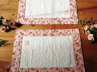 プレイスマット２枚セット リバーシブル ピンク 刺繍 薔薇の画像