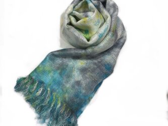 国産シルク100％手描き染めストール blue&gray&yellowの画像