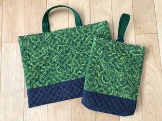 縁取り恐竜　レッスンバッグ＆シューズ入れ（グリーン）の画像