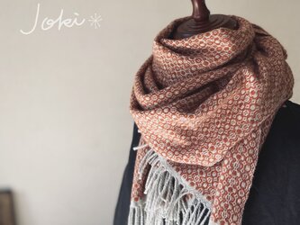 手織りオーバーショット　カシミヤショール　コーラルオレンジの画像