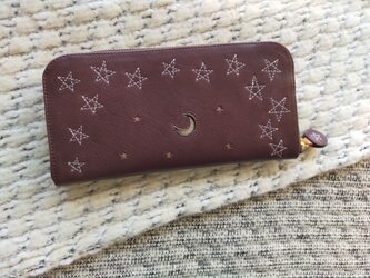 刺繍革財布『星空』牛革BROWN×silver☆Slimラウンドファスナー型☆の画像