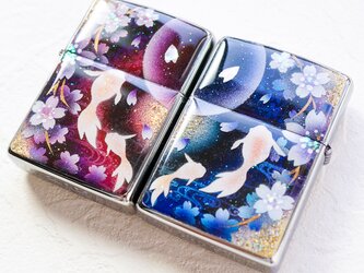 ペア 手描き ZIPPO 金魚と桜 箱付き 金箔 (2個セット)の画像