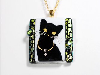 ダイクロガラス ペンダント：猫（イエローグリーン豹柄）の画像