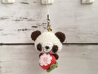 【受注生産】赤イチゴ・こげ茶×白パンダさん・鈴付きイヤホンジャックの画像
