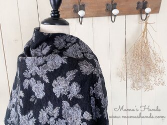 リバーシブル ジャガード織 花柄 黒 グレー ウール混 良品質 ストール ショール♪の画像