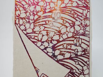 ギルディング和紙葉書　桜と兎　赤混合箔の画像