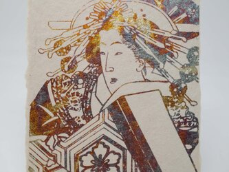 ギルディング和紙葉書　浮世絵女　黄混合の画像