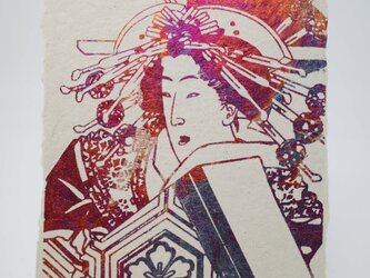 ギルディング和紙葉書　浮世絵女　赤混合の画像