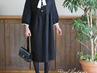 [予約販売]　ブラックリネンフラットカラーリボンワンピース　**卒園　卒業式　入学式　ブラックフォーマル　冠婚葬祭　ブライダルの画像