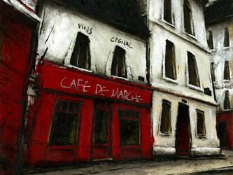 風景画 パリ 油絵「CAFE DE MARCHE」の画像