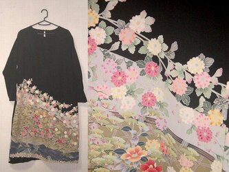 留袖リメイク♪春爛漫・春色花々が素敵な友禅留袖ワンピース・ゆったりシルエット♪ハンドメイドの画像