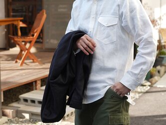 【wafu】【M】メンズ 中厚地 リネン ラグラン シャツ 長袖  胸ポケット メンズライク/ホワイトt035h-wht2-mの画像