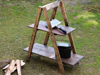 折りたたみ2段ラック　アンティーク風　ダメージ　エイジング　キャンプ　アウトドア　camp outdoorの画像