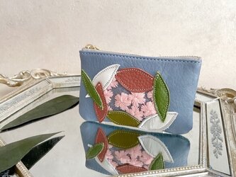 Sakura革小物 ポーチ 本革 ペールブルー &花柄 スエード ブルー w/ さくら チュールの画像
