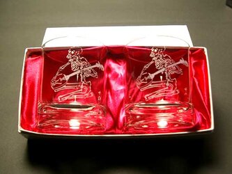 三味線を弾く骸骨　ペアセット　クリアーロックグラス　蕨硝子　河鍋暁斎シリーズの画像