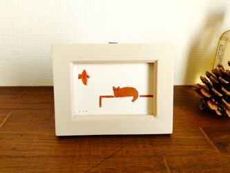 【再販】小さな絵　原画「鳥を待つ猫」※木製ミニ額縁入りの画像