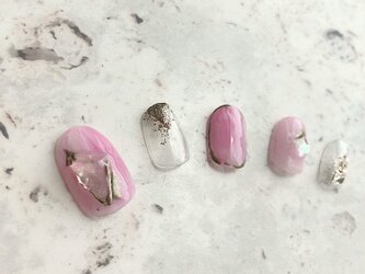 ピンク 桜 大人 紫 天然石 パープル ニュアンス シェル 大理石 春夏 ネイルチップ つけ爪 ハンドメイド 手作りの画像