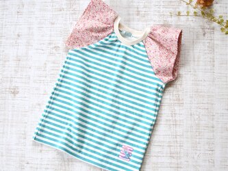 【110】ラップルカットソー＊Tシャツ　グリーンボーダー×ピンク小花柄の画像