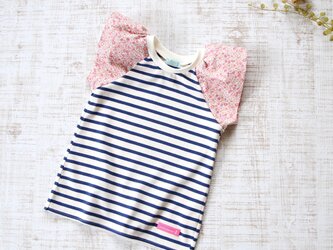 【100】ラップルカットソー＊Tシャツ　紺白ボーダー×ピンク小花柄の画像