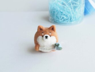 【受注製作】まゆ柴犬が水色のお花を贈ります。(赤柴・黒柴・白柴)  羊毛フェルトの画像