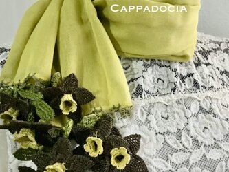 立体刺繍の花付き　コットンストール　マスタード＆ブラウンの画像