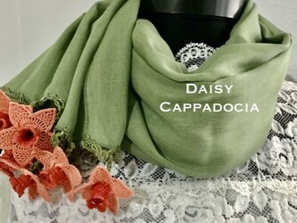 立体刺繍の花付き　コットンストール　グリーン＆ピンクの画像