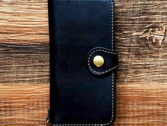 栃木レザー スマホケース 2Way  2.0 iPhone14 Android 対応 手帳型  真鍮 ブラック JAK044の画像