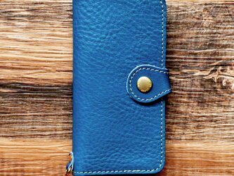 栃木レザー スマホケース 2Way  2.0 iPhone14 Android 対応 手帳型 真鍮 ネイビー JAK044の画像
