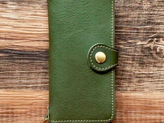 栃木レザー スマホケース 2Way  2.0 iPhone14 Android 対応 手帳型 真鍮 グリーン JAK044の画像