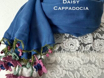 立体刺繍の花付き　コットンストール　デニムブルー＆ピンクの画像