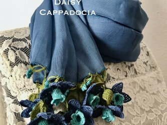 立体刺繍の花付き　コットンストール　デニムブルー＆スカイブルーの画像