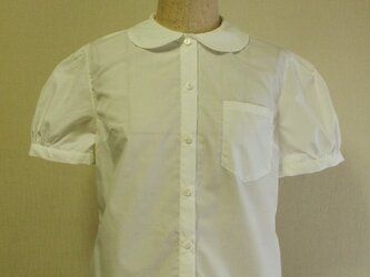 丸衿パフスリーブ半袖ブラウス　Mサイズ　オフホワイト　綿１００％　受注生産の画像