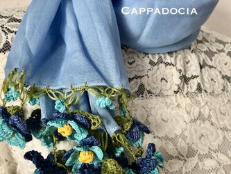 立体刺繍の花付き　コットンストール　ライトブルー＆ブルーミックスの画像
