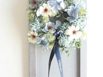 【１点もの作品】紫陽花とコスモスのアートフラワーフレームリースの画像