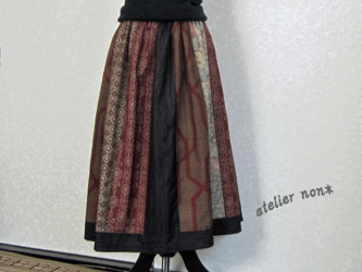着物リメイク♪５種類の大島紬で茶系パッチスカート（裏地付き）丈７６ｃｍの画像