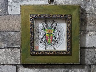 原画 一点もの ボールペンアート 額装付き 百貨店作家 人気 ボールペン画 絵画 ニジイロクワガタ クワガタの絵の画像
