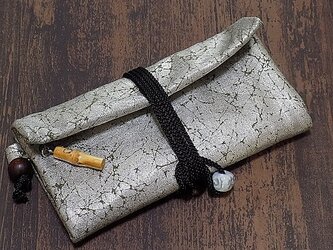 道中財布　ロールバッグ　コットン紬風グリーン色地製　錫箔　真綿箔の画像