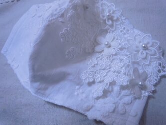 ハンドメイド豪華花立体刺繍レース花モチーフケミカルレース白/立体マスク２の画像